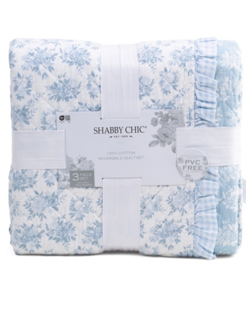 Shabby Chic Light Blue Floral Reversible Quilt Set with Gingham Ruffle